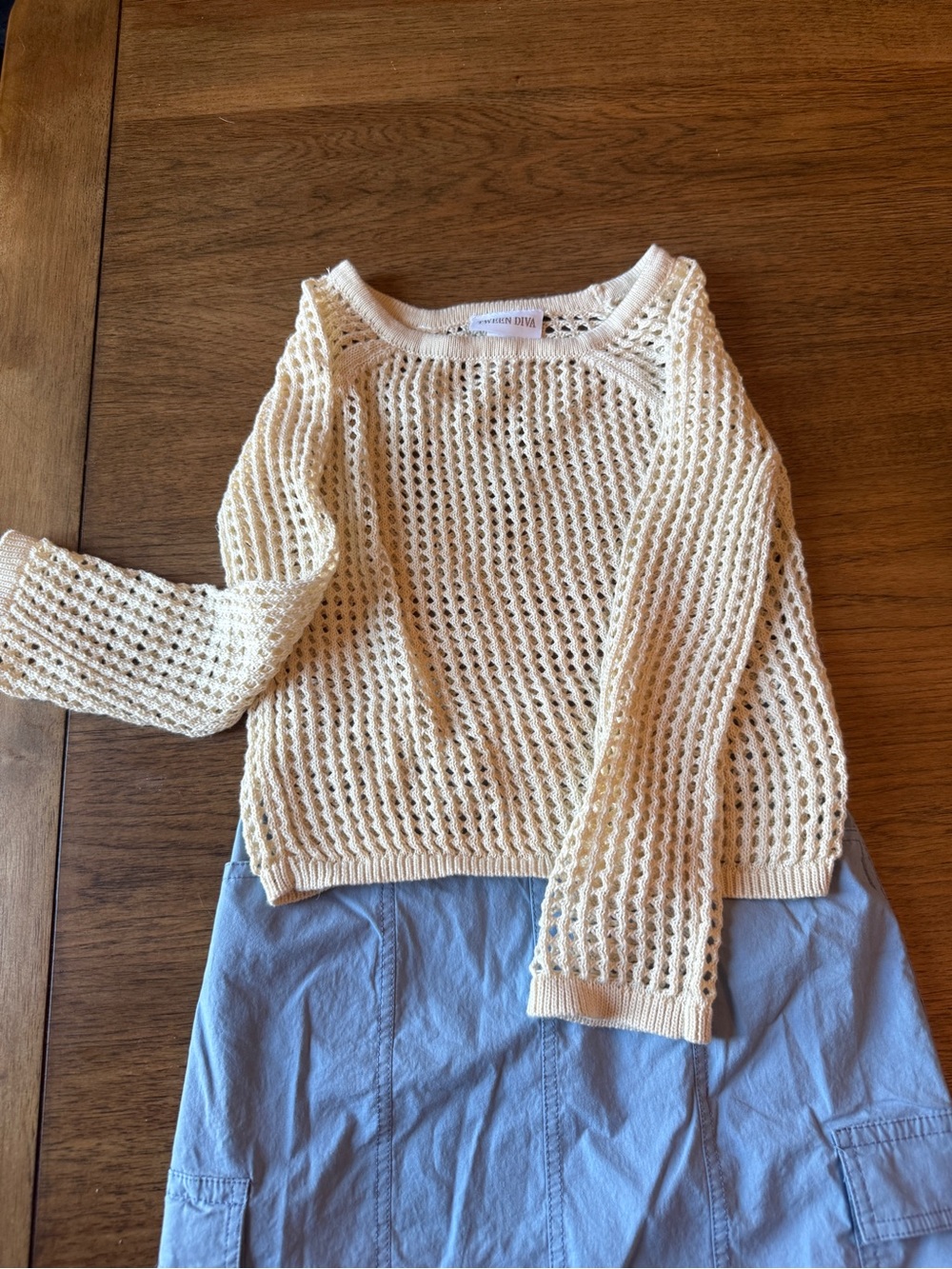 Tween Diva Cream Open-Knit Sweater & light blue cargo skirt  - girls size 10